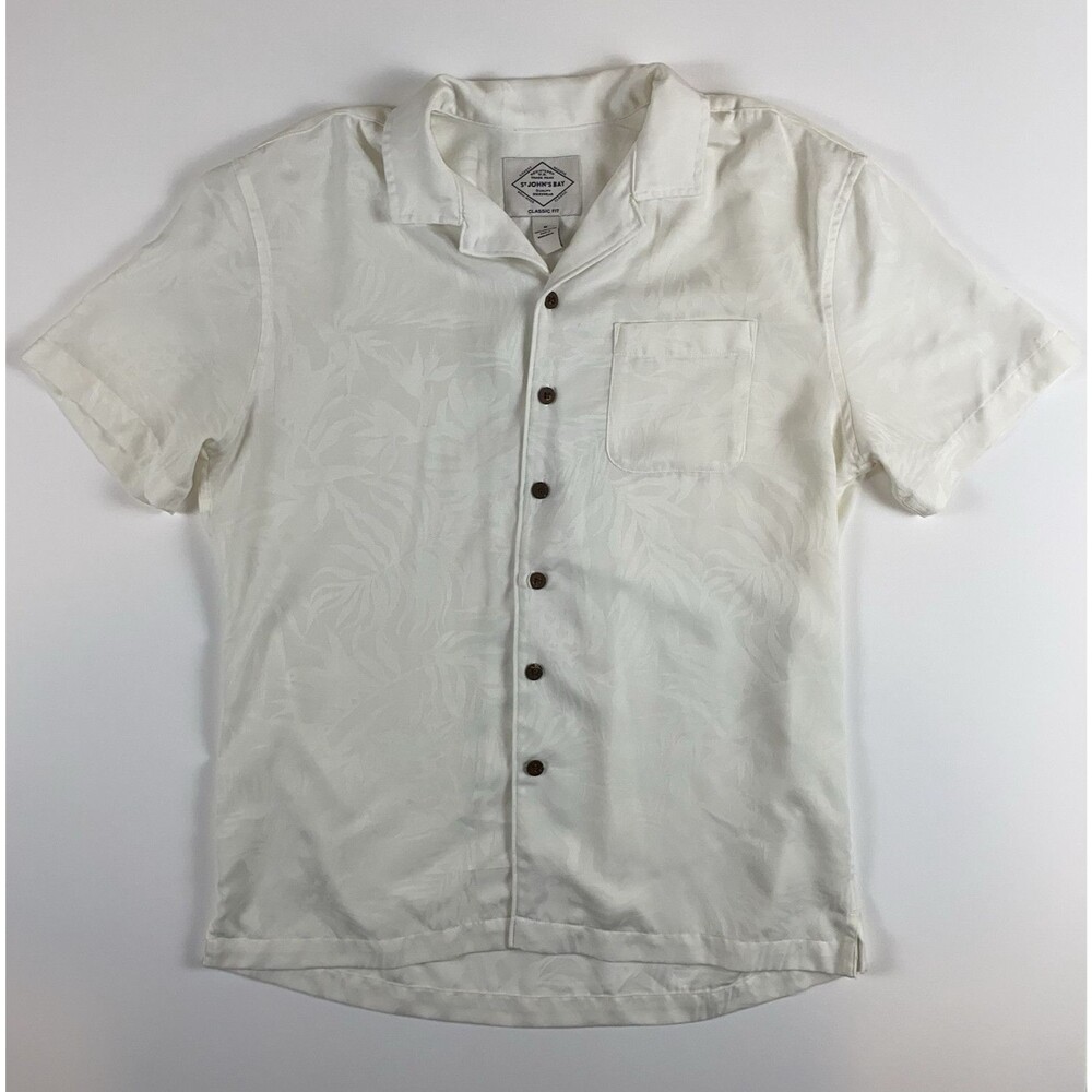 St. John's Bay Men's M Regular White Floral Short Sleeve Button-Up Pockets